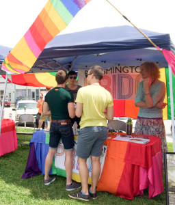 Attendees check out the Bloomington PRIDE booth at the 2014 Spencer Pride Festival