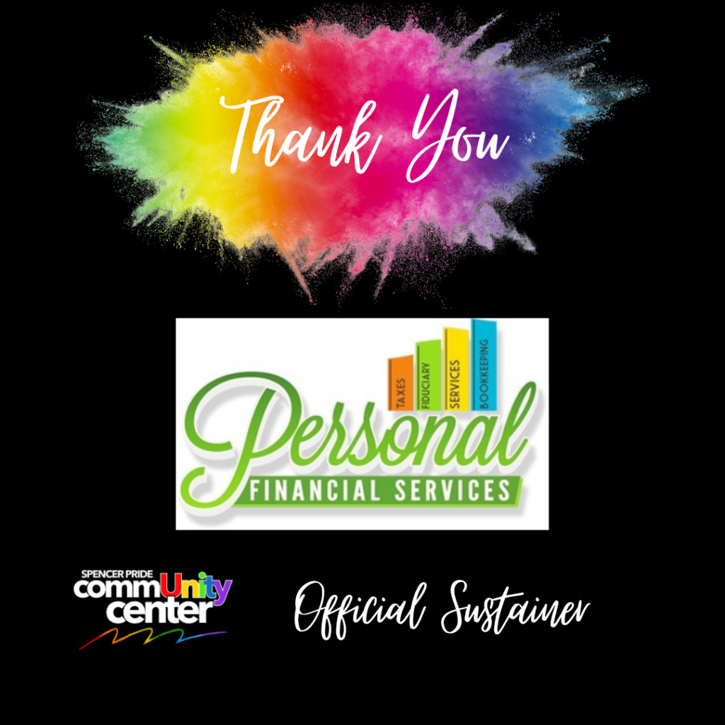 Graphic with black background, a rainbow burst of dust with the words Thank You inside, a community center logo and the words Official Sponsor with the sponsors name: Personal Financial Services.